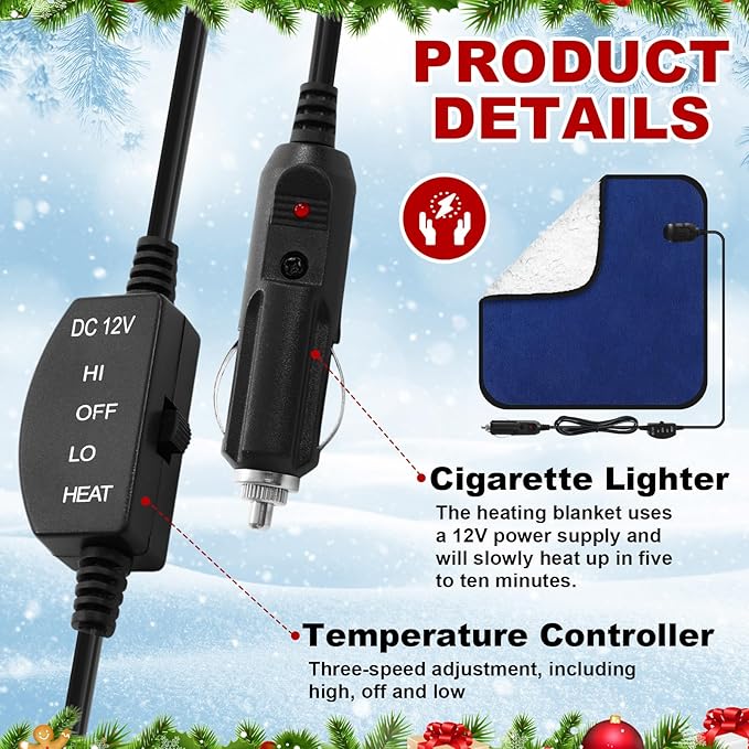 Tuanse 16 x 16 Inches Car Electric Blanket 12 Volt Heated Car Blanket with Temperature Controller and Black Storage Bag Cold Weather Tailgating and Emergency Kit(Navy Blue, White Cotton,Blank)