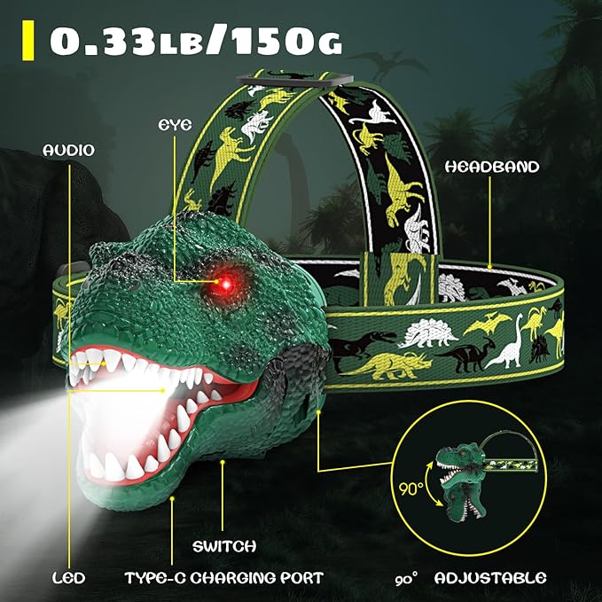 Dysaim Kids Headlamp,Rechargeable T-Rex Dinosaur Headlamp for Kid and LED Head Lamp Camping Gear Flashlight,Hiking Accessories Headlight Toys,Four Light Modes Suitable for Reading/Party Gift(2 Pack)