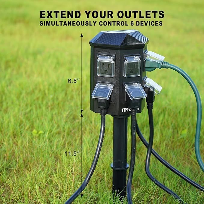 TiFFCOFiO Outdoor Power Strip with Stake Waterproof, 15 FT Extension Cord, 6 Grounded Outlets for Outdoor Lights, 14 AWG, 15A/1875W, ETL Listed