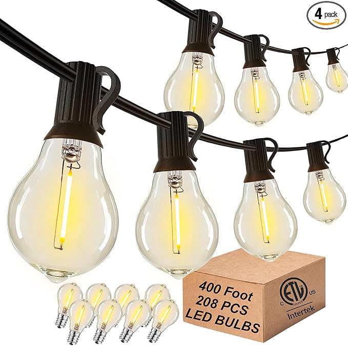 DAMAING Outdoor-String-Lights-Patio-Light-Outside 400FT(4x100FT) Waterproof Patio Lights with 208 Dimmable LED Bulbs,Connectable Shatterproof Outdoor Lighting for Market Backyard,Black Cord