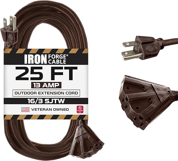 Iron Forge Cable 25ft Brown Outdoor Extension Cord with 3 Outlets - 16/3 SJTW 25ft Extension Cord 3 Prong, 13 Amp All-Weather Heavy Duty Power Cable