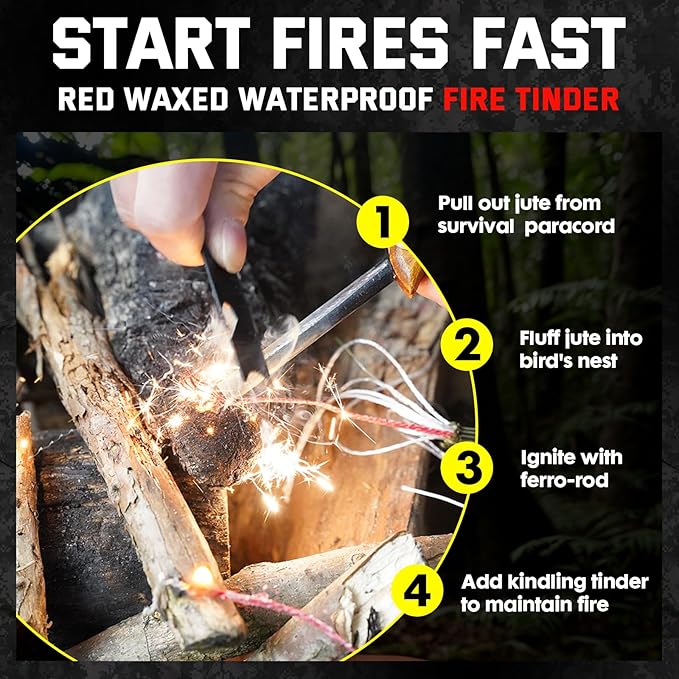 Survival Paracord 550 Fire Paracord Survivor Cord Nlyon Rope 10 Strands US Military Type III 550 Parachute Cord with Integrated Fishing Line, Fire-Starter Tinder 4 in 1