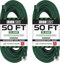Iron Forge Cable 2 Pack Weatherproof 50 Ft Outdoor Extension Cord - 16/3 SJTW Heavy Duty Green Extension Cord 3 Prong - 13 Amp Exterior Power Cable