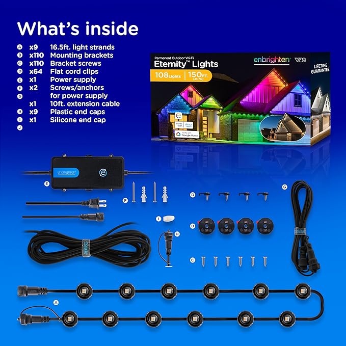 Enbrighten Vibe Eternity Permanent Outdoor Lights for House, 150ft, 108 RGBWIC LEDs, Close Spacing, 33lm, Color Changing, Christmas, Eave Lighting, Smart App, Works with Alexa, Google Home, 85103