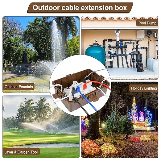 Waterproof Electrical Box, Large Outdoor Extension Cord Covers Waterproof, 8 Cable Seal Entry Weatherproof, IP54 Protect Power Strip, Timer Outlet Plug, Socket, Holiday Light Decoration (Brown)