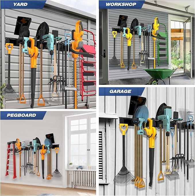 Sttoraboks Garage Tool Storage Rack, Heavy Duty Garage Storage Organizer Rack System Wall Mounted Tool with 12 double hooks, 4 rails Garden Tool Rack