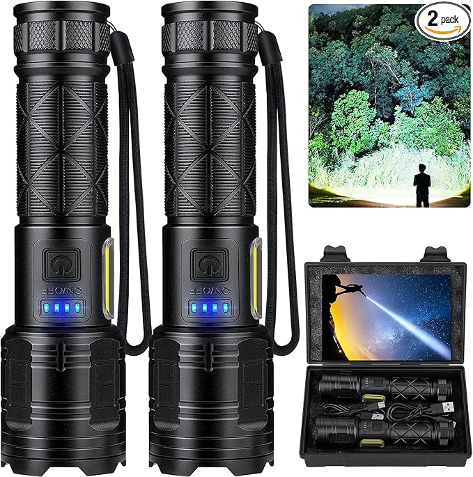 taoquwe Rechargeable LED Flashlights High Lumens, 99,000 Lumen Super Bright Flashlight with 7 Modes & Waterproof, Powerful USB Rechargeable Handheld Flash Light for Camping Home(2 Pack)