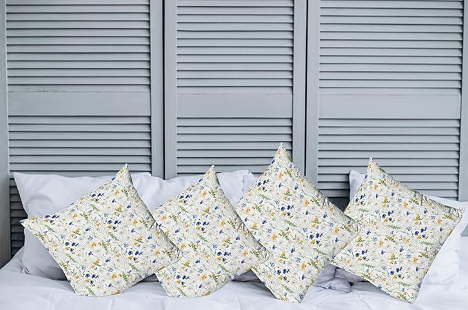 Ambesonne Flower Decorative Throw Pillow Case Pack of 4, Wild Flowers Poppies and Daisies Rural Nature Scenery in Meadows Rustic, Cushion Cover for Couch Living Room Car, 18", Yellow White