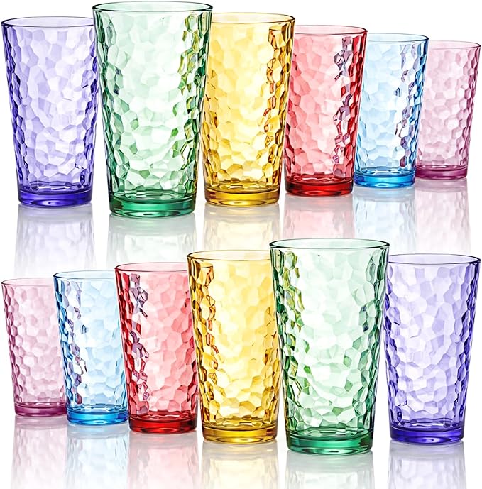 Bravario Hammered Plastic Drinking Tumbler, Dishwasher-Safe Premium Quality Water Glasses, BPA-Free Reusable Mixed Colors Assorted Stackable Cups, 22 oz Set of 12