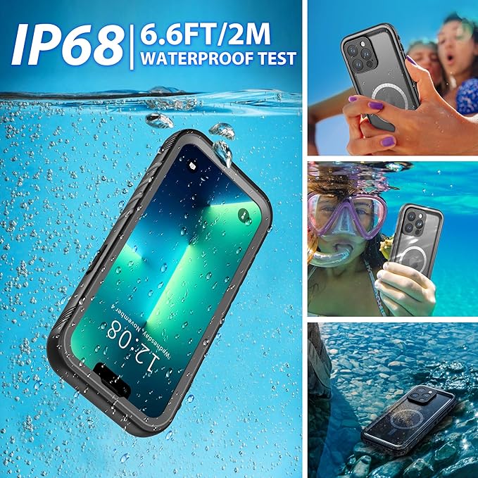 SPORTLINK for iPhone 13 Pro Max Case Waterproof - Buit in Screen Protector [Compatible with MagSafe][IP68 Underwater][6.6FT Military Dropproof][Dustproof] Full Body Shockproof Case 6.7" Black