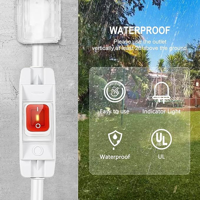 Outdoor Waterproof On/Off Switch Extension Cord, Heavy Duty 125v/250v Black SJTW Cord (35 Ft, White)