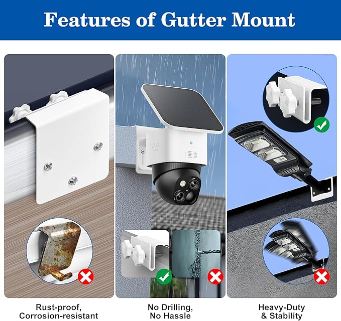 2 Pack Gutter Mount Bracket for Eufy Security SoloCam S340/E30/E42 and 4G LTE Cam S33, Stainless Steel Gutter Mount for Solar Security Camera, No-Drill Installation