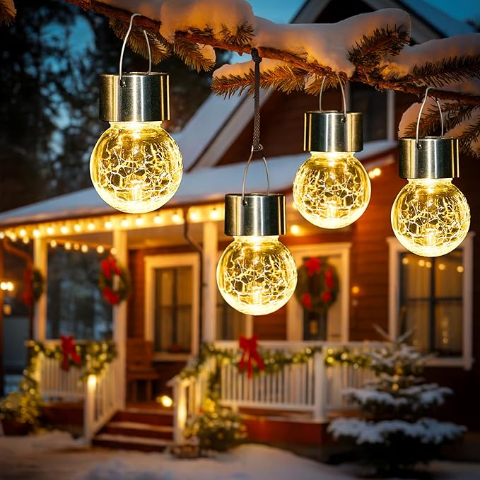 GIGALUMI Solar Lights Outdoor Waterproof, 8 Pack Solar Hanging Lights Garden Decor, Gifts for Women, Solar Outdoor Lantern Waterproof Cracked Glass for Yard, Fence, Tree(Warm White)