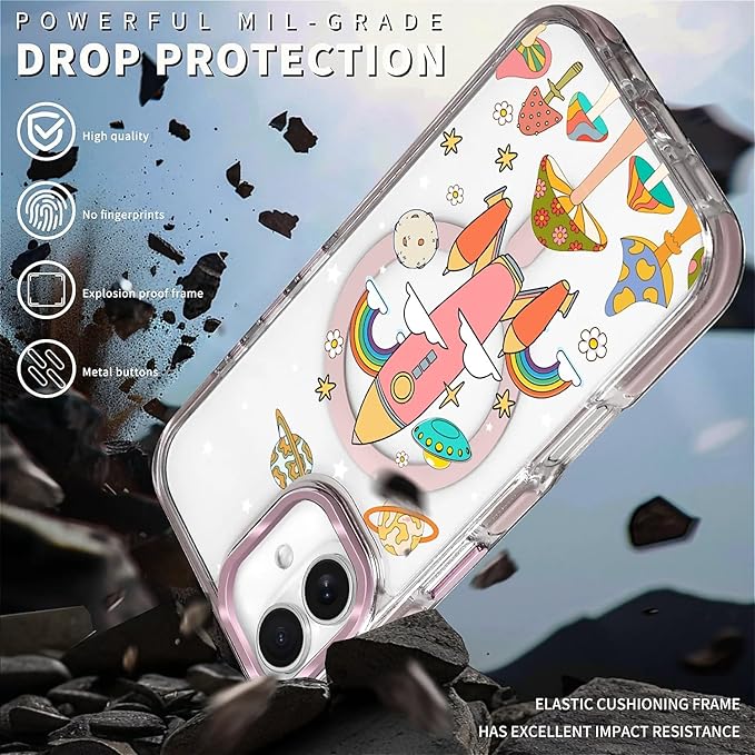 Case for iPhone 16 Plus,[Compatible with MagSafe],Spaceship Mushroom Phone Case Design，for Women Girls Magnetic Clear Cover - Slim, Sleek, & Shockproof Protection