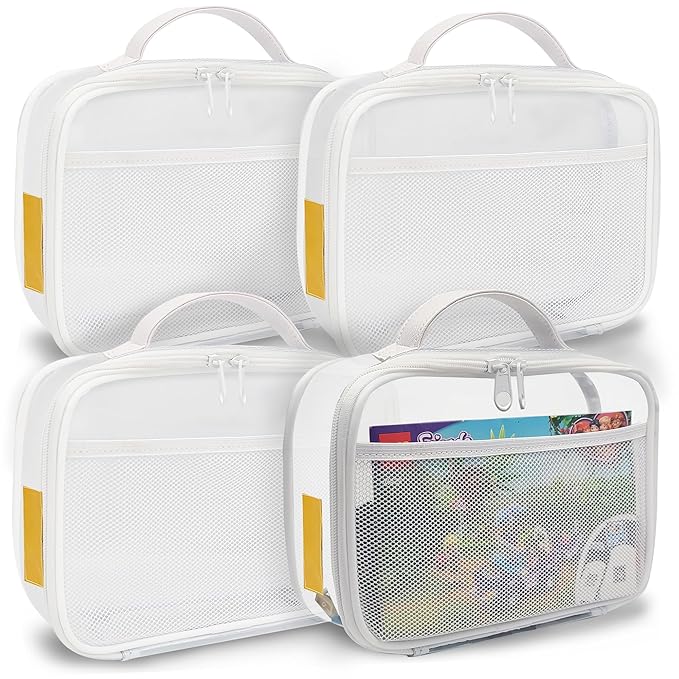 holay 4 Packs PVC Toy Storage Organizer with Zipper, Name Tag & Manual Pocket, Clear Durable Case for Blocks, Clay, Board Games, Travel (White, Small)