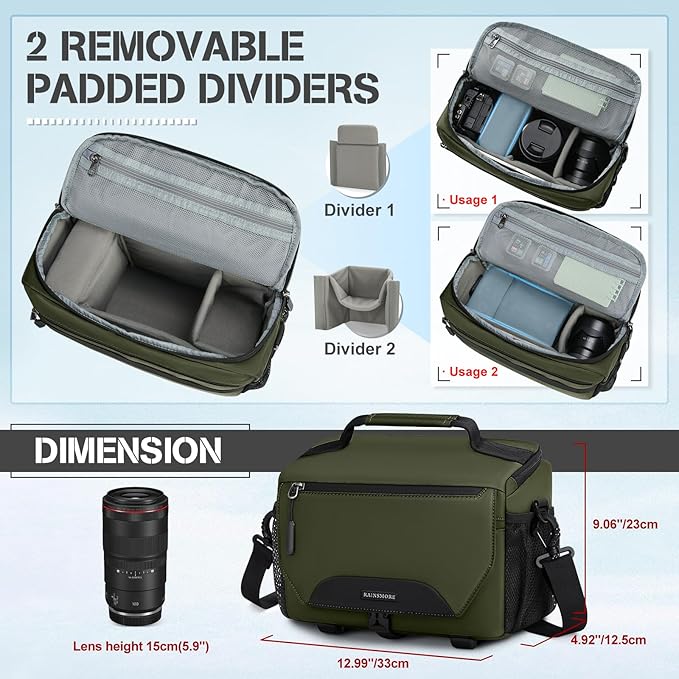 RAINSMORE Camera Bag, DSLR/SLR/Mirrorless Small Camera Sling Bag Waterproof Camera Case with Tripod Holder & Rain Cover Compact Crossbody Camera Bags for Photographers Everyday Shoulder Bags, Green