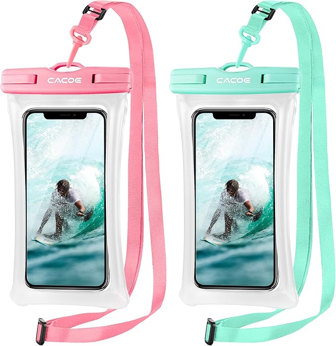 CACOE [Floatable] Floating Universal Waterproof Phone case 2 Pcs-Up to 7.0",Waterproof Phone Pouch with Adjustable Neck Lanyard,IPX8 Cellphone Dry Bags for Beach Pool Swimming（Blue+Pink）