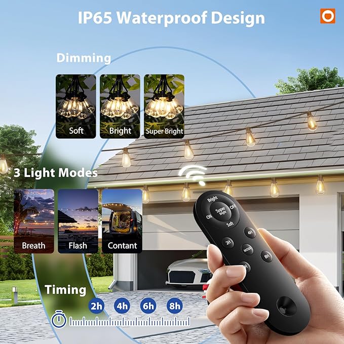 addlon 198FT(192+6) Solar String Lights Outdoor Waterproof 6W Panel with USB Port & Remote Control Solar Powered Patio Lights for Outside with 68 LED Dimmable Bulbs for Porch Garden Deck Halloween