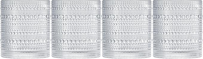Khen Plastic Hobnail Drinking Glasses Set of 4 Clear Cups 14oz, Shatterproof & Unbreakable Acrylic Beaded Design, BPA-Free, Dishwasher Safe Indoor/Outdoor Drinkware for Water, Juice, Cocktails