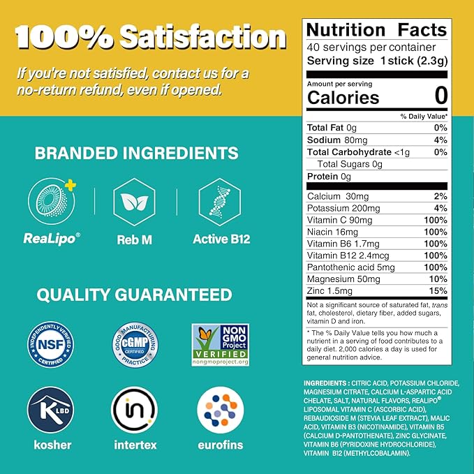 40 Sticks Sugar Free & 0 Calorie Electrolyte Hydration Packets, Low Sodium Lightly Sweet Electrolyte Powder Drink Mix, Liquid Daily IV Flavors | Lemon Orange Peach Grapefruit