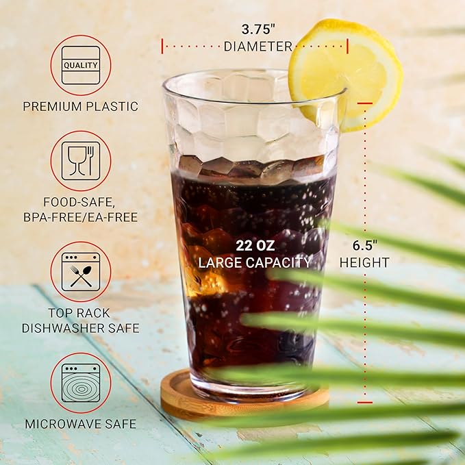 Bravario Hammered Plastic Drinking High Tumbler, Dishwasher-Safe Premium Quality Glasses, BPA-Free Reusable Outdoor Cups, 22 oz Set of 6
