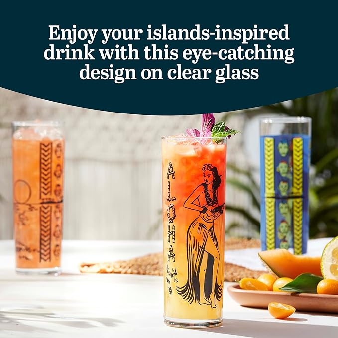 Libbey Zombie Clear Glass Tumbler Set, Vintage-Style Tiki Drinking Glasses Set of 4, Exotic, Tall Drinking Glass Cups for Backyard Luau or Pool Party