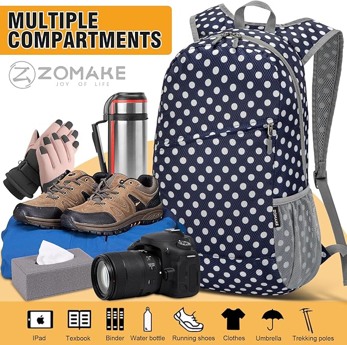 ZOMAKE Lightweight Packable Backpack,Foldable Backpacks Small Daypack for Hiking Water Resistant Day Bag for Travel(Navy Blue,White polka dots)