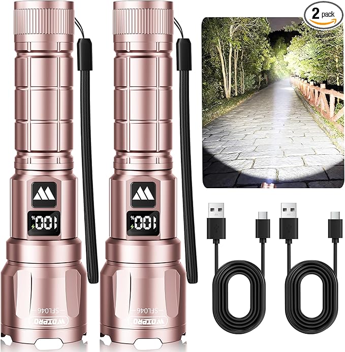 WdtPro LED Rechargeable Flashlight 2 Pack, Super Bright Zoomable 6000 Lumens Tactical Flashlight with LCD Digital Display, 3 Mode Waterproof Flash Light for Camping, Hunting & Home Emergency - Pink