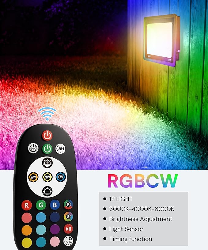 L LOHAS LED 50W Flood Light Outdoor, RGB Landscape Lighting with Remote Control, Timing - 2700K/4500K/6500K - Color Changing for Patio Backyard Step Wall, IP66, US 3-Plug, UL Listed (2 Pack)