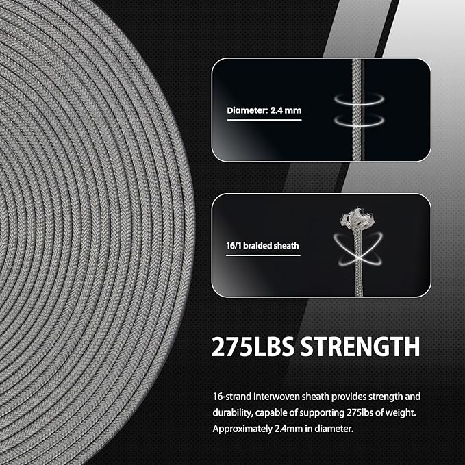 Abma Cord 2.4mm Paracord 275 100ft Nylon Rope 4 Strands Tactical Parachute Cord - Max. 275lbs - Grey