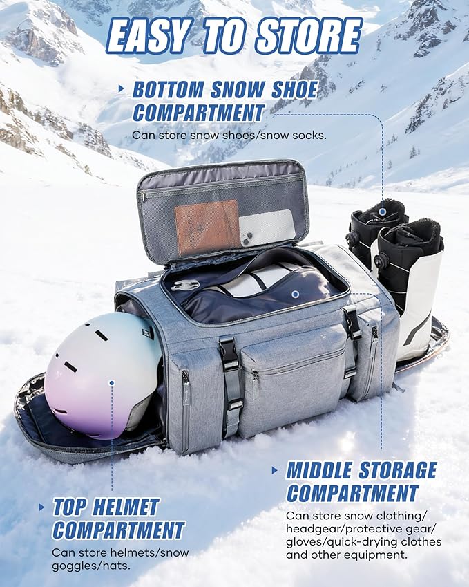 Ski Boot Bag Backpack for Helmet,70L Waterproof Vacuum Backpack Travel,Goggles, Gloves, Skis, Snowboard & Accessories,Snowboard Bag,Grey