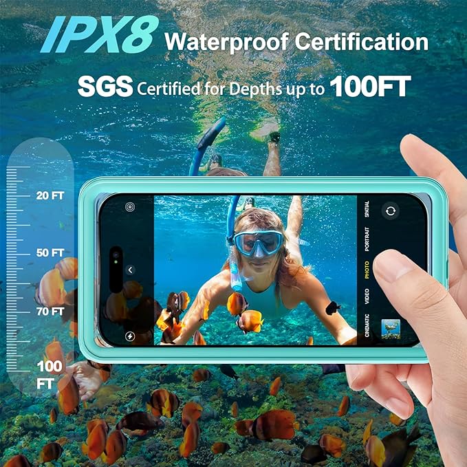 Waterproof Phone Case Up to 6.9 inch | IPX8 Underwater Phone Cases for Snorkeling | Universal Diving Case with Lanyard for iPhone 16 Pro Max/15/14/Galaxy S24 | Beach Cruise Essentials (Cyan)