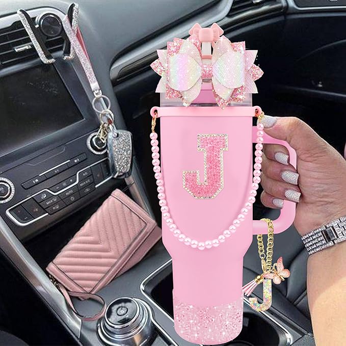9PCS Pink for Stanley Cup Accessories Set Bling Initials Bow Charms for Stanley Decorations 30/40 Oz Tumbler Accessories Including Bow Straw Topper, Handle Strap, Spill Stopper（Letter J）