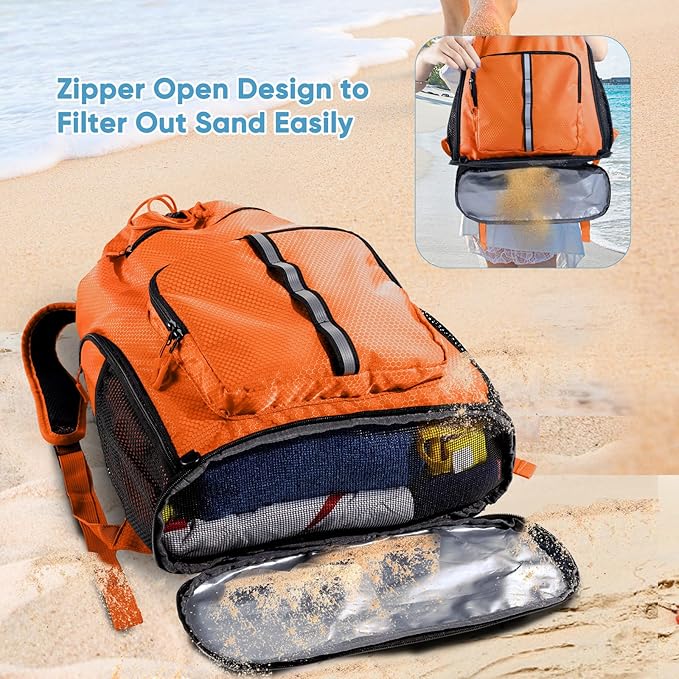 Large Beach Backpack Waterproof Sandproof - Customized Oversized Drawstring Pool Bag with Shoe Compartment for Toiletries, Towels, Gym, Travel