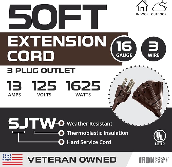 Iron Forge Cable 50ft Brown Outdoor Extension Cord with 3 Outlets - 16/3 SJTW 50ft Extension Cord 3 Prong, 13 Amp All-Weather Heavy Duty Power Cable