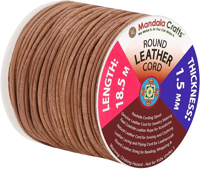 Mandala Crafts Round Genuine Rust Leather Cord for Jewelry Making – 1.5mm Cowhide Leather Rope String Lace for Kumihimo – 20 Yards Cowhide Craft Cording Spool