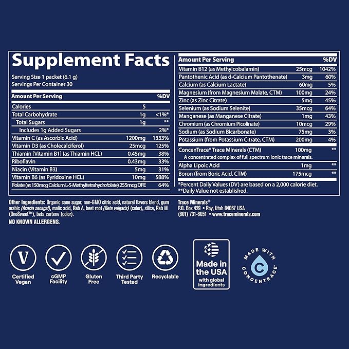 Trace Minerals | Power Pak Electrolyte Powder Packets | 1200 mg Vitamin C, Zinc, Magnesium | Boost Immunity, Hydration and Natural Energy | Guava Passionfruit | 30 Packets