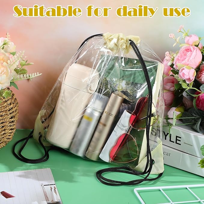 Shappy 30 Pcs Clear Drawstring Backpack, Plastic Waterproof Transparent Stadium Bags String Bag for Gym Travel (Beige)
