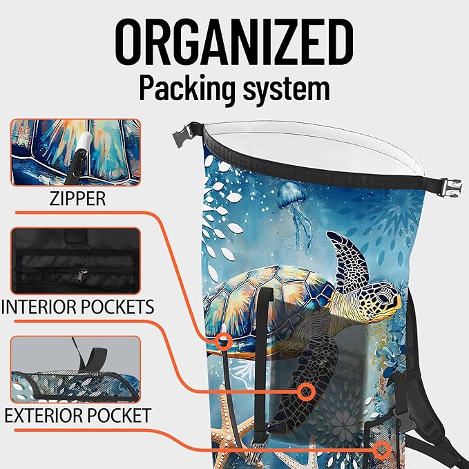 Waterproof Dry Bag Heavy Duty Marine Dry Bags for Kayaking Hiking Sea Turtle Nautical Starfish Backpack Roll-Top Closure Bag - Backpack Waterproof Phone Case 35L/55L/85L