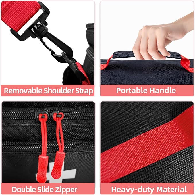 ALSLEA First Aid Bag Empty Large Medical Bag with Shoulder Strap 16”x 9.5” x 7” Medicine Organizer Travel First Aid kit Emergency Supplies Storage Bag for Car, Home, Office, Outdoor (Black)