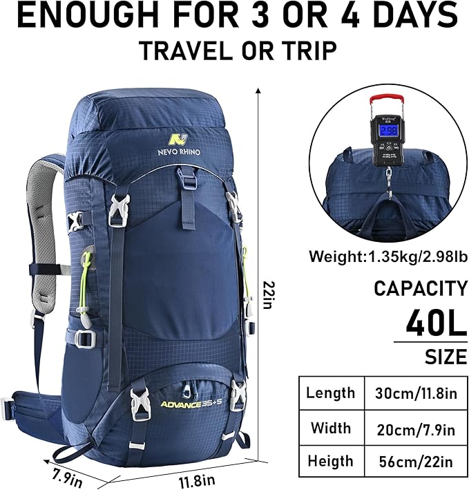 N NEVO RHINO 40L Internal Frame Hiking Backpack for Men Women with Rain Cover, Lightweight Outdoor Backpacking Backpack for Camping, Hiking, Traveling