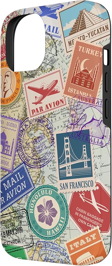 World Map Travel Passport Stamps Postage Stamp Case for iPhone 14