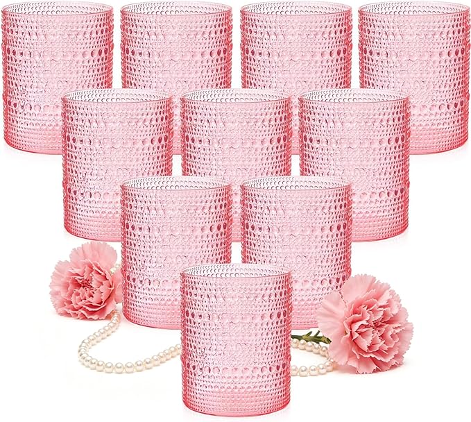 YOUBET 24PCS Plastic Drinking Glasses - 14OZ Pink Hobnail Drinkware Glasses - Vintage Glassware Textured Beaded Cups for Water, Beer, Whiskey, Juice and Various Mixed Drinks Mothers Day