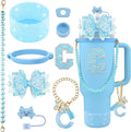 9PCS Blue for Stanley Cup Accessories Set Bling Initials Bow Charms for Stanley Decorations 30/40 Oz Tumbler Accessories Including Bow Straw Topper, Handle Strap, Spill Stopper（Letter C）