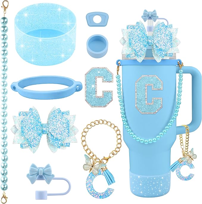 9PCS Blue for Stanley Cup Accessories Set Bling Initials Bow Charms for Stanley Decorations 30/40 Oz Tumbler Accessories Including Bow Straw Topper, Handle Strap, Spill Stopper（Letter C）