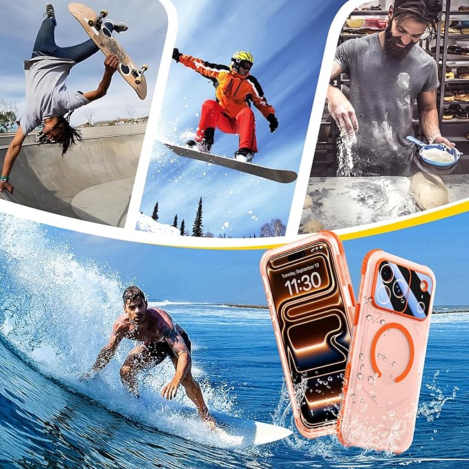SPIDERCASE Magnetic for iPhone 17 Pro Max Case Waterproof,[Built-in Screen & Camera Protector] [IP68 Underwater] 12FT Military Shockproof, Dustproof, Anti-Scratched Phone Case,Orange/Clear