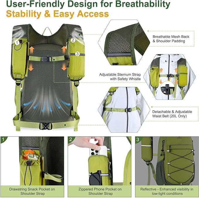 BECOJADDE Hiking Backpack 20L Small Backpack Packable Day pack Water Resistant Lightweight Travel Backpack for Women Men with Shoulder Strap Pockets for Hiking Camping Outdoor, Green