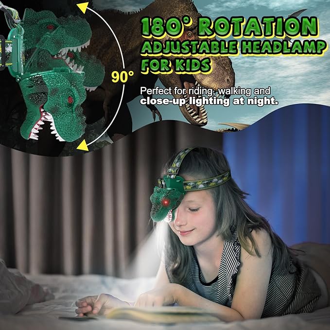 Nitigo Dinosaur Headlamp for Kids Flashlight Rechargeable Led Dino Head Lamp Roar & Silent Mode, T-Rex Dinosaur Toys for Kids 3 4 5 6 7 8, Camping Gear, Easter Gifts for Boys Girls Adults