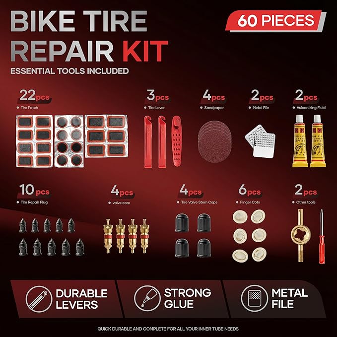60Pics Bike Tire Repair Kit,Bicycle Inner Tube Patch Kit with Patches and Tire Levers ,Tubeless Tire Repair Rubber Nail with Box and Screwdriver,Convenient Kit for Mountain or Road Bike, Motorcycle