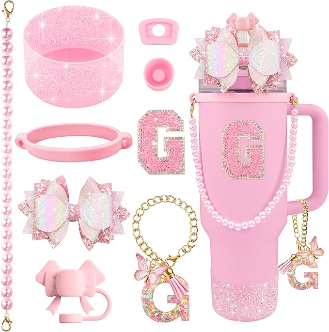 9PCS Pink for Stanley Cup Accessories Set Bling Initials Bow Charms for Stanley Decorations 30/40 Oz Tumbler Accessories Including Bow Straw Topper, Handle Strap, Spill Stopper（Letter G）